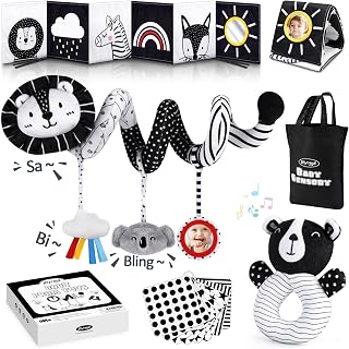 Joyreal High Contrast Baby Toys for Newborn, Black and White Baby Sensory Toys with Car Seat Toys,Infant Toys with Black White Cards Book, Montessori Toys for Baby Gifts