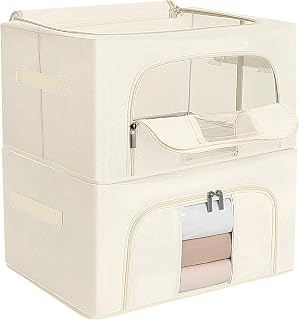 AiQInu 2 Pieces Clothes Storage Boxes, 24L Clothes Storage Bag with Zipper, Oxford Fabric Material, Metal Frame, for Quilts, Bedding, and More - 40 x 30 x 20 cm