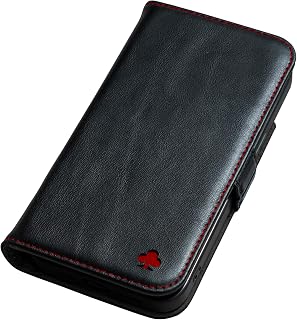 Porter Riley - Leather Case Compatible with iPhone 16 Pro Max. Premium Genuine Leather Case/Cover/Wallet/Flip with Kickstand Card Slots and Horizontal Kickstand (Black/Red)