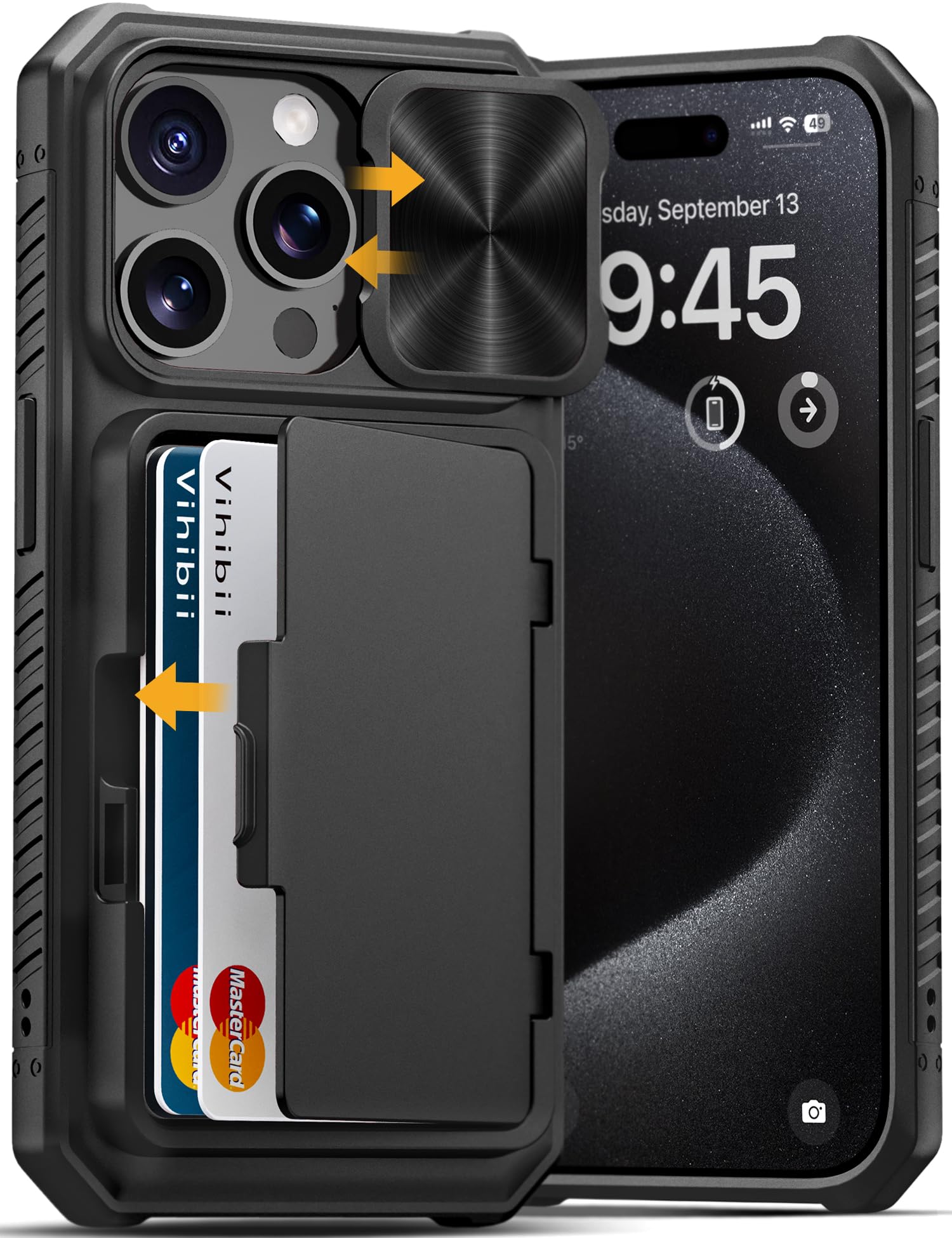 Vihibii for iPhone 15 Pro Case, Back Cover with Card Slot (4 Slots) and Stand, C