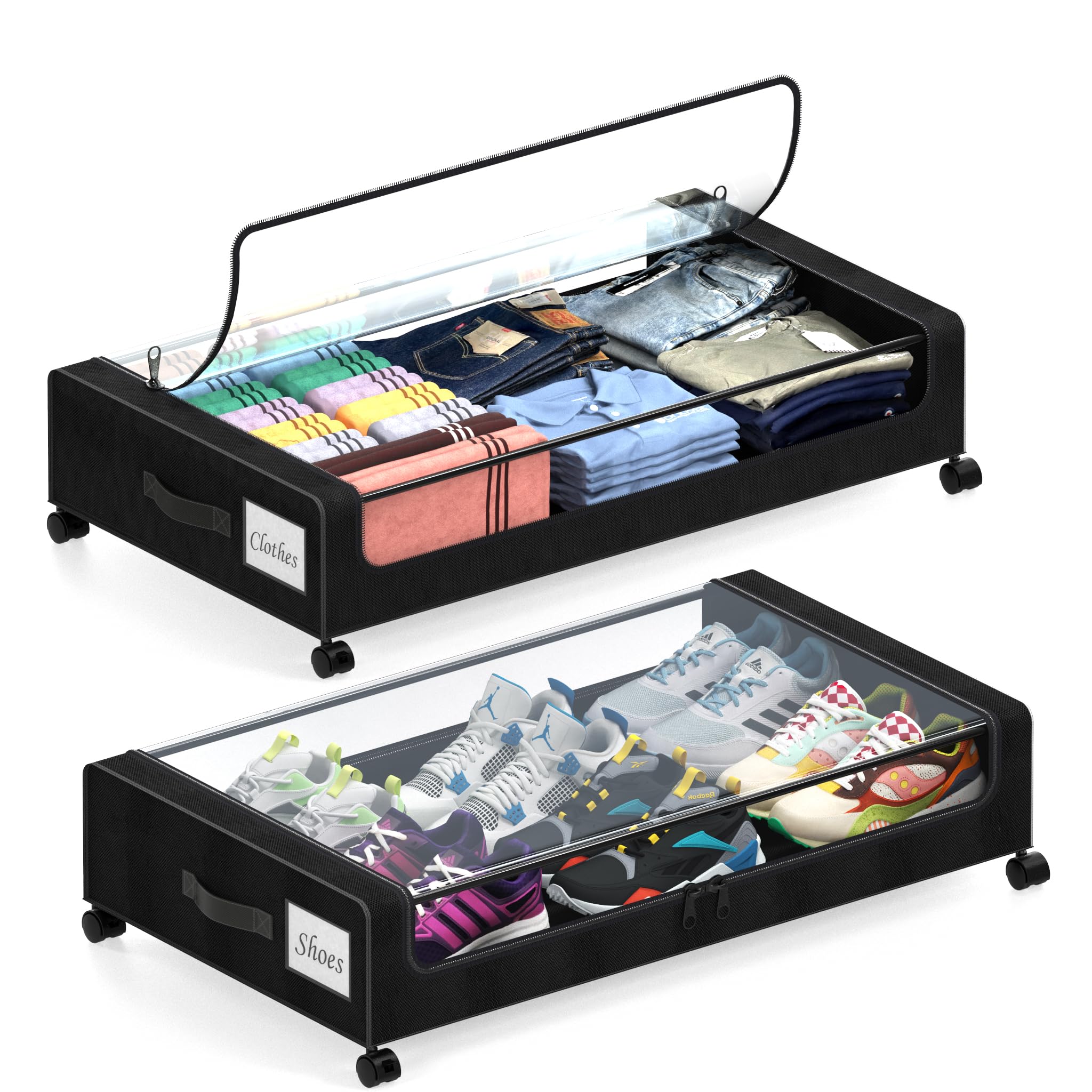 Under Bed Storage with Wheels, 2 Pack Under Bed Storage Containers with Clear Li