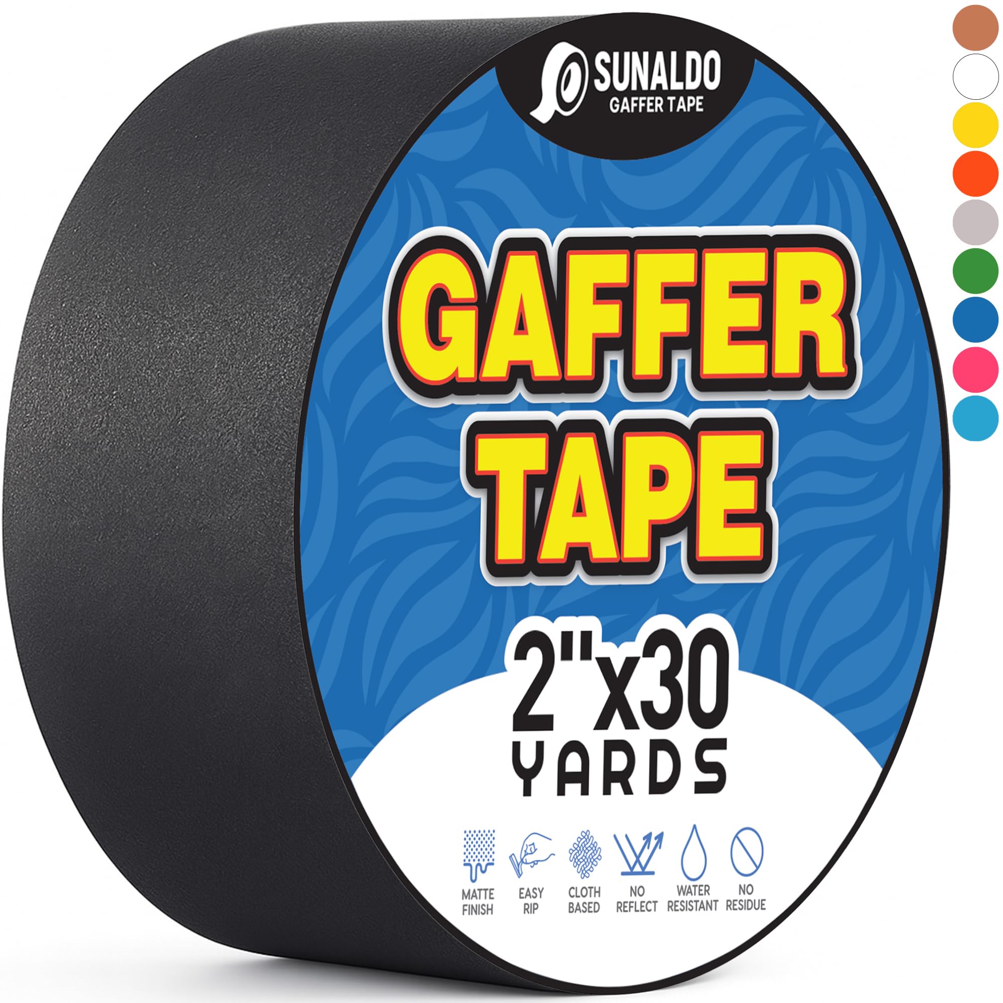 SUNALDO Gaffers Tape (2"x30 yards) Heavy Duty, Easy Rip, No Residue | Black | Pr