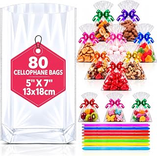 MAARA Small Cellophane Bags, Pack Of 80 (5"X7"/13X18cm) Clear Cellophane Sweet Bags, Flat Bottom Plastic Party Treat Bags With Pull Bows For Cookies, Biscuits, Clear Gift Bags