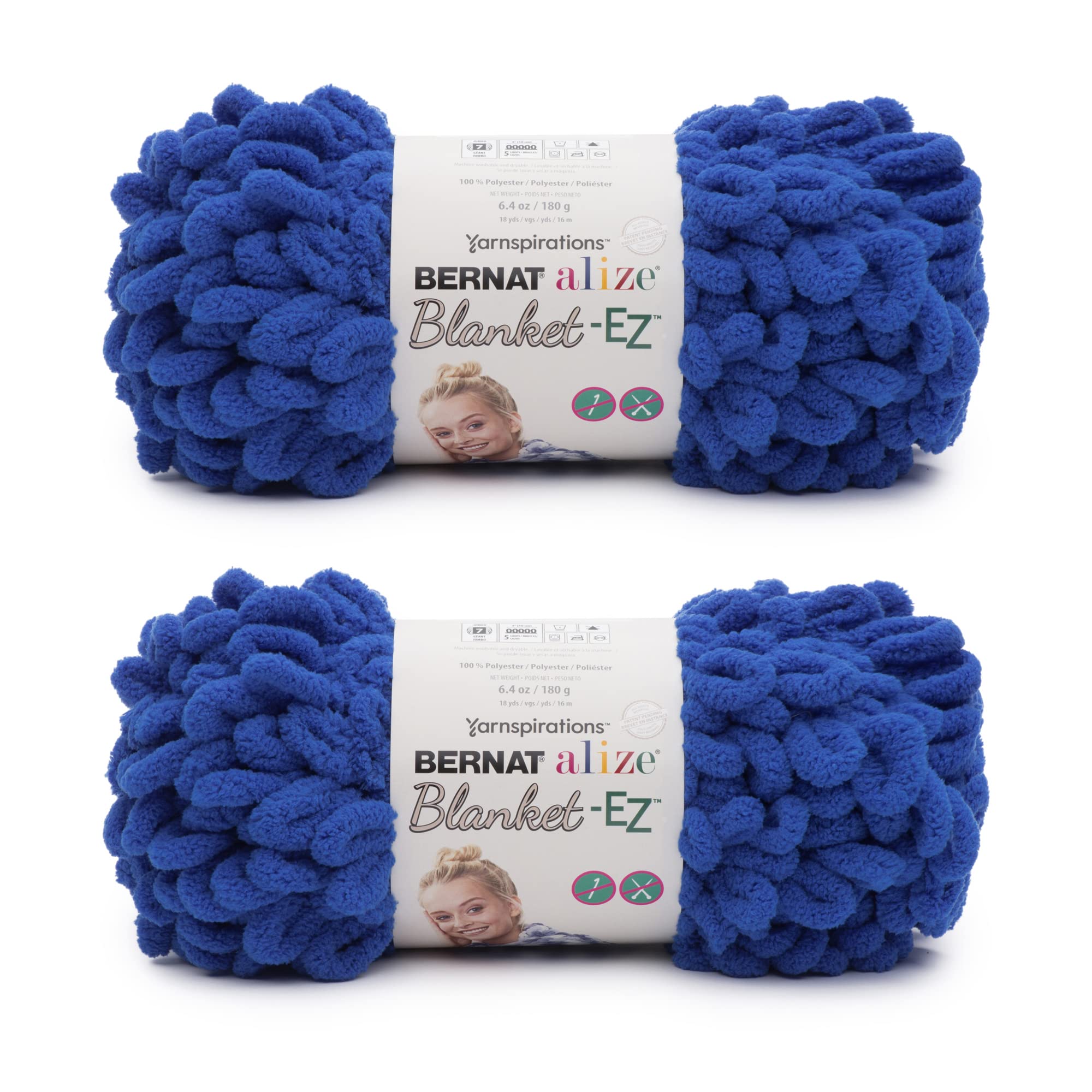 Bernat Alize Blanket-EZ Chunky Yarn for Hand Knitting, Bright Blue 2-Pack | #7 J