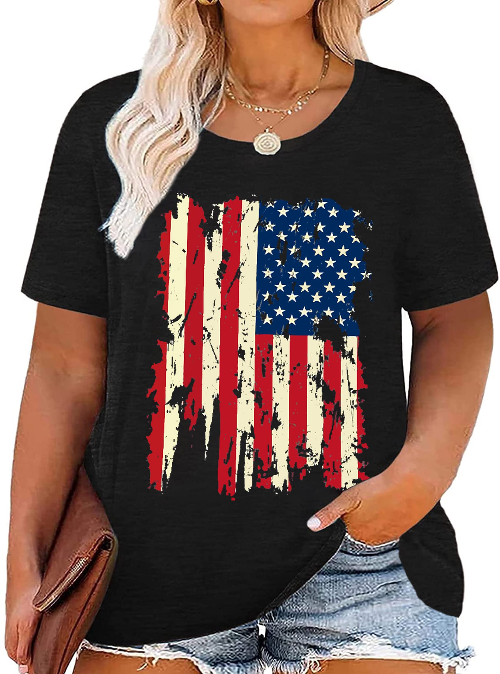 Plus Size American Flag Shirts Women Patriotic T-Shirt Women Oversized USA Flag 
