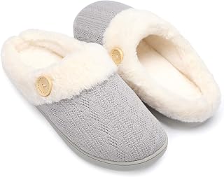 Chantomoo Women's House Slippers Comfortable Memory Foam Plush Bedroom Faux Fur Lined Knitted Warm Slippers Slip-On Lightweight Shoes Indoor Outdoor Non-Slip Rubber Sole Cosy