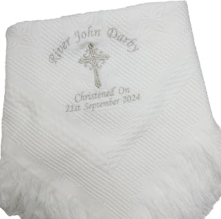 inspired creative design Personalised Embroidered Baby Shawl. This Pretty White Christening/Baptism/Naming Day shawl, Keepsake, Gift (Star Shawl)