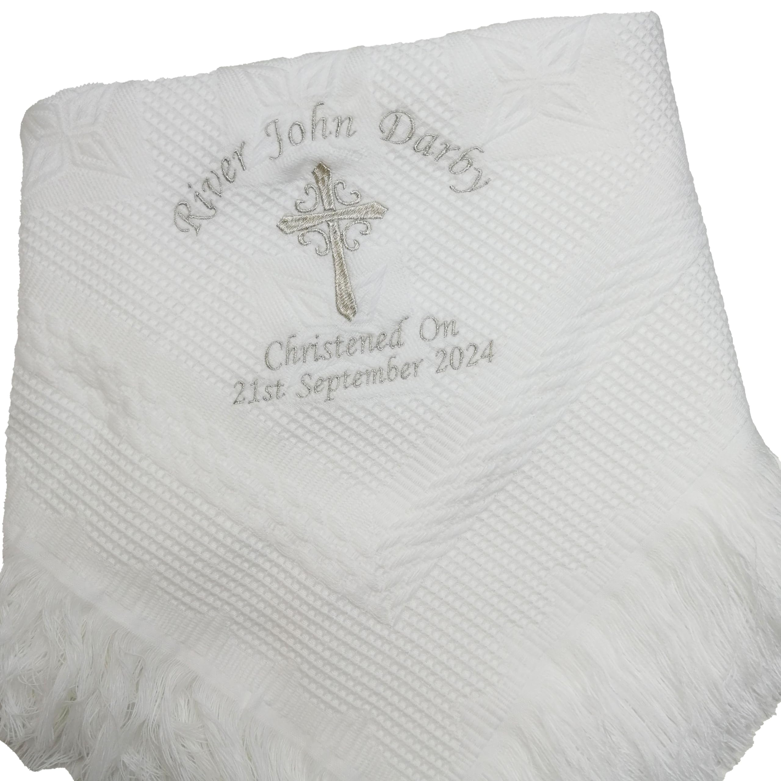 inspired creative design Personalised Embroidered Baby Shawl. This Pretty White 