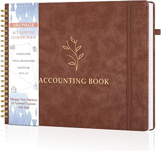 AKONEGE Accounting Ledger Book for Personal & Small Business Bookkeeping, Horizontal Income and Expense Tracker Notebook with Calendar, Hardcover Columnar Log Journal 10.78'' x 8'', Brown