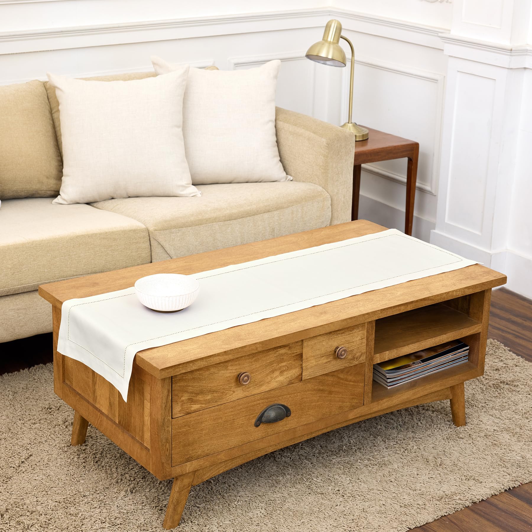 Solino Home ダイニングテーブルランナー 100%ピュアリネン アイボリー ヘムステッチ 14 x 48インチ