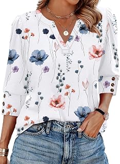 WIHOLL Camiseta de manga 3/4 para mujer con puños de botón, elegante, casual, cuello en V, trajes de verano para principios de otoño, ropa de moda 2025
