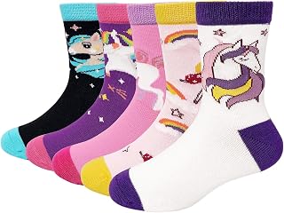Girls Funny Cotton Socks: Short Socks with Cat Print Kittens Cartoon Gibujos Stripes Fantasia 5 Pairs 2-11 Years Sizes 23-26 27-30 31-34