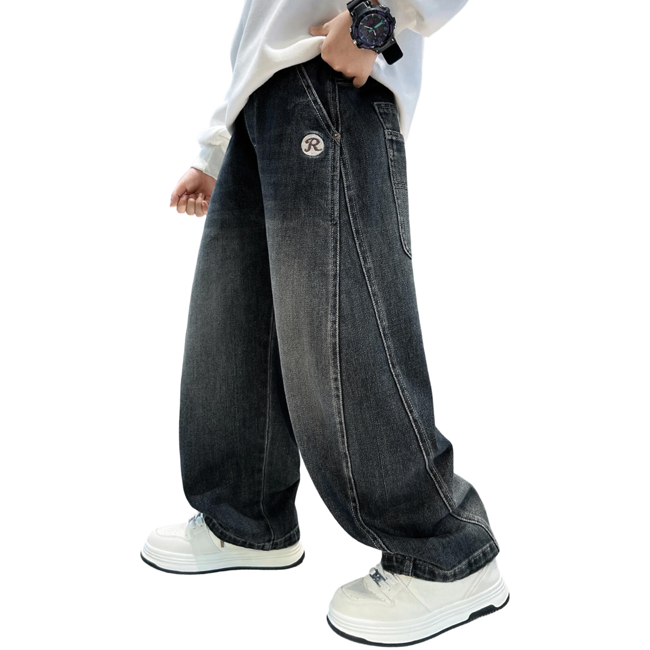 Rolanko Boys Baggy Jeans Elasticated Waist Cargo Bootleg Skater Jeans with Multi