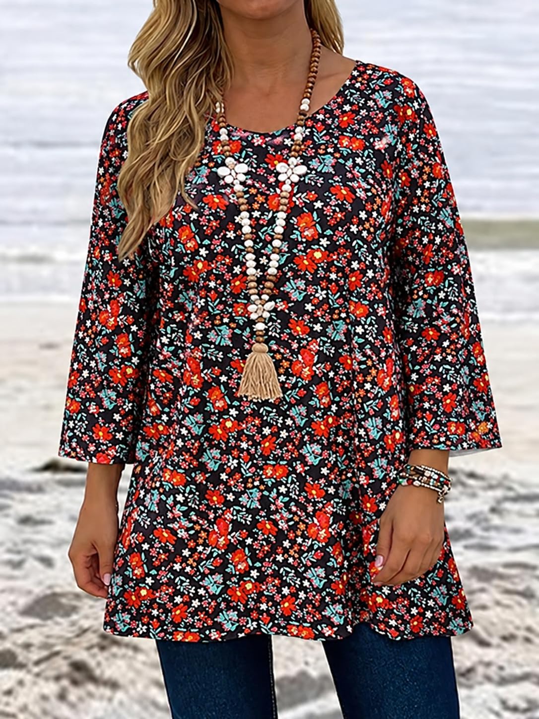 Women Tie Dye Print Tops Plus Size V Neck 3/4 Sleeve Casual Vacation Style Sprin