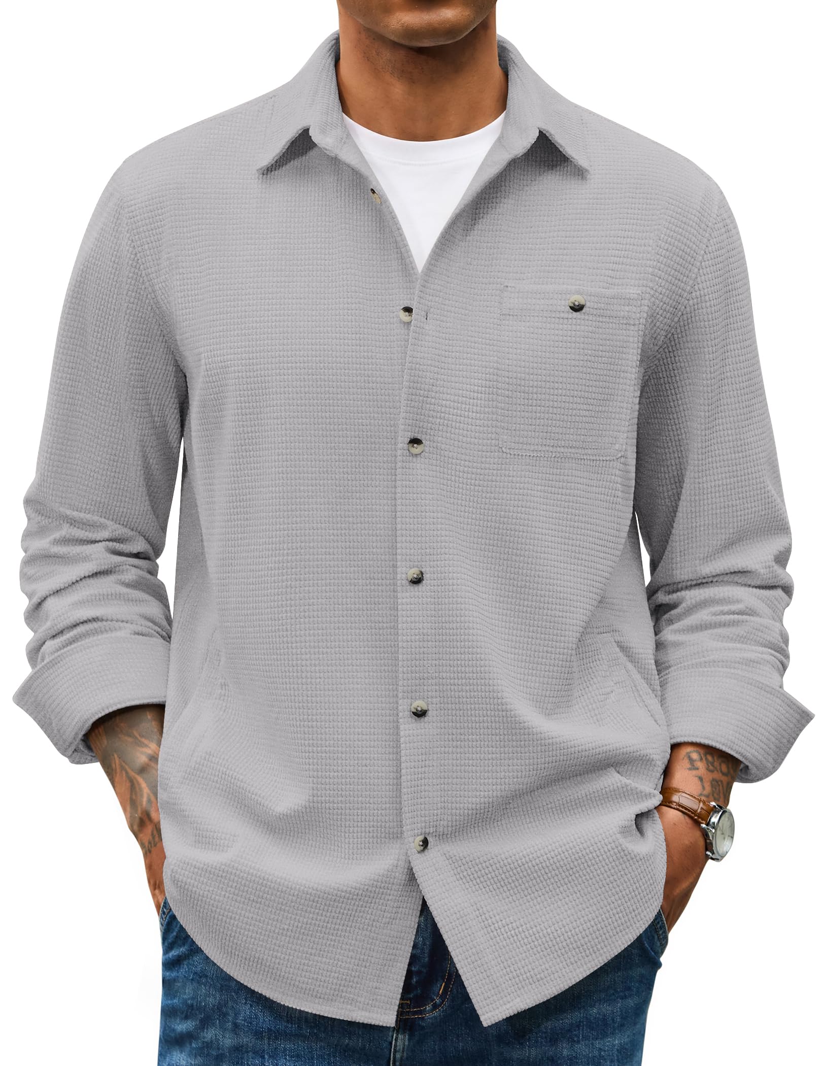 COOFANDY Men's Waffle Button Down Shirt Casual Long Sleeve Corduroy Shirts