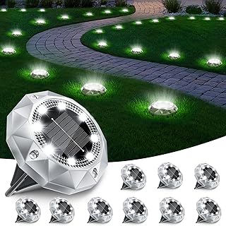 FIFlying 10 Pack Solar Lights Outdoor Garden, IP65 Waterproof Diamond LED Garden Lights - Auto On/Off Pathway Lighting for Driveway,Patio,Lawn & Landscape Decor | 8 Bright LEDs | Cool White
