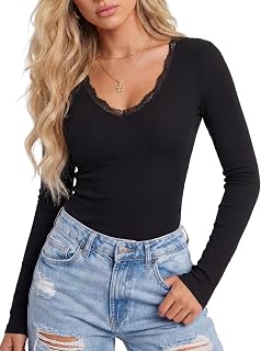 LYANER Camisas de manga larga para mujer, con cuello en V, básicas, informales, de punto acanalado, ropa de moda