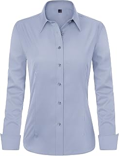 J.Ver Camicie da donna a maniche lunghe Button Down Camicie da lavoro solide senza rughe Stretch Regular Fit, Grigio e blu, M