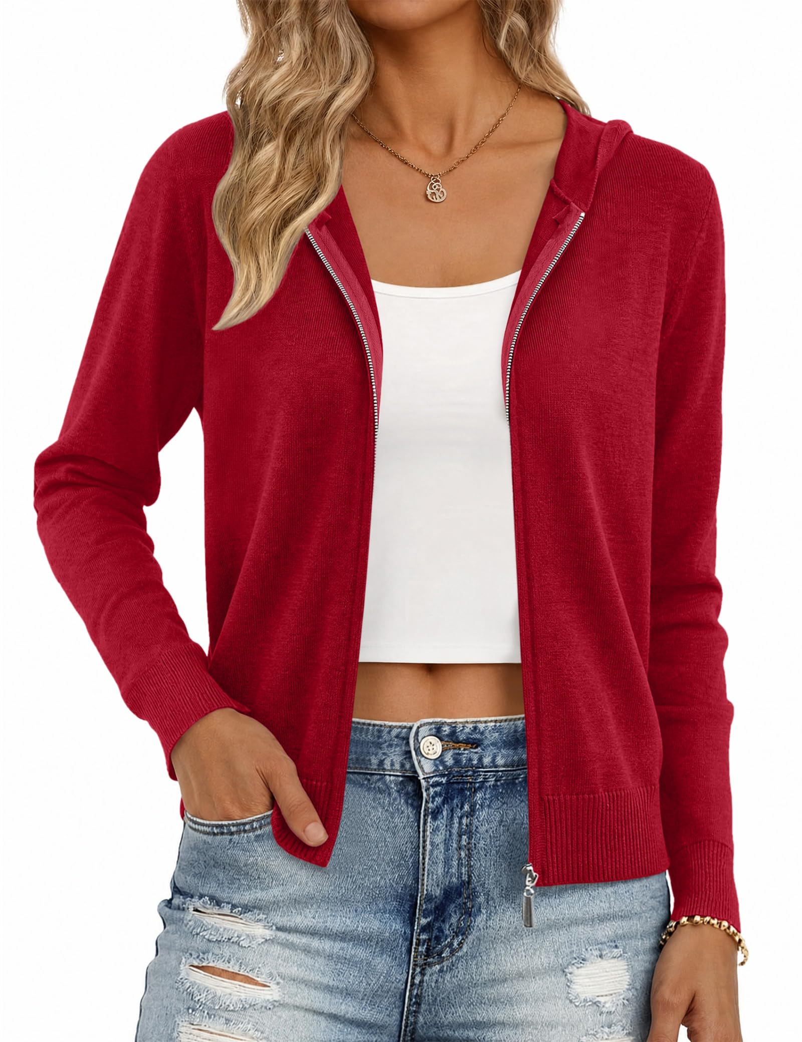 Aottori Cardigan Women Cardigan Knitted Zipper Hooded Long Sleeve Sweatshirt Ele