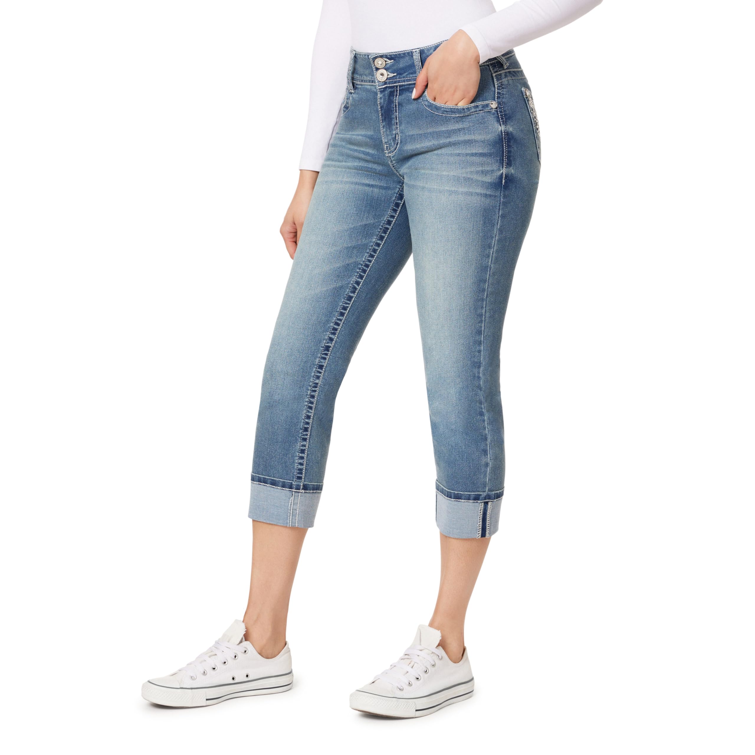 WallFlower Women's Bling Luscious Curvy Mid-Rise Stretch Skinny Crops Jeans
