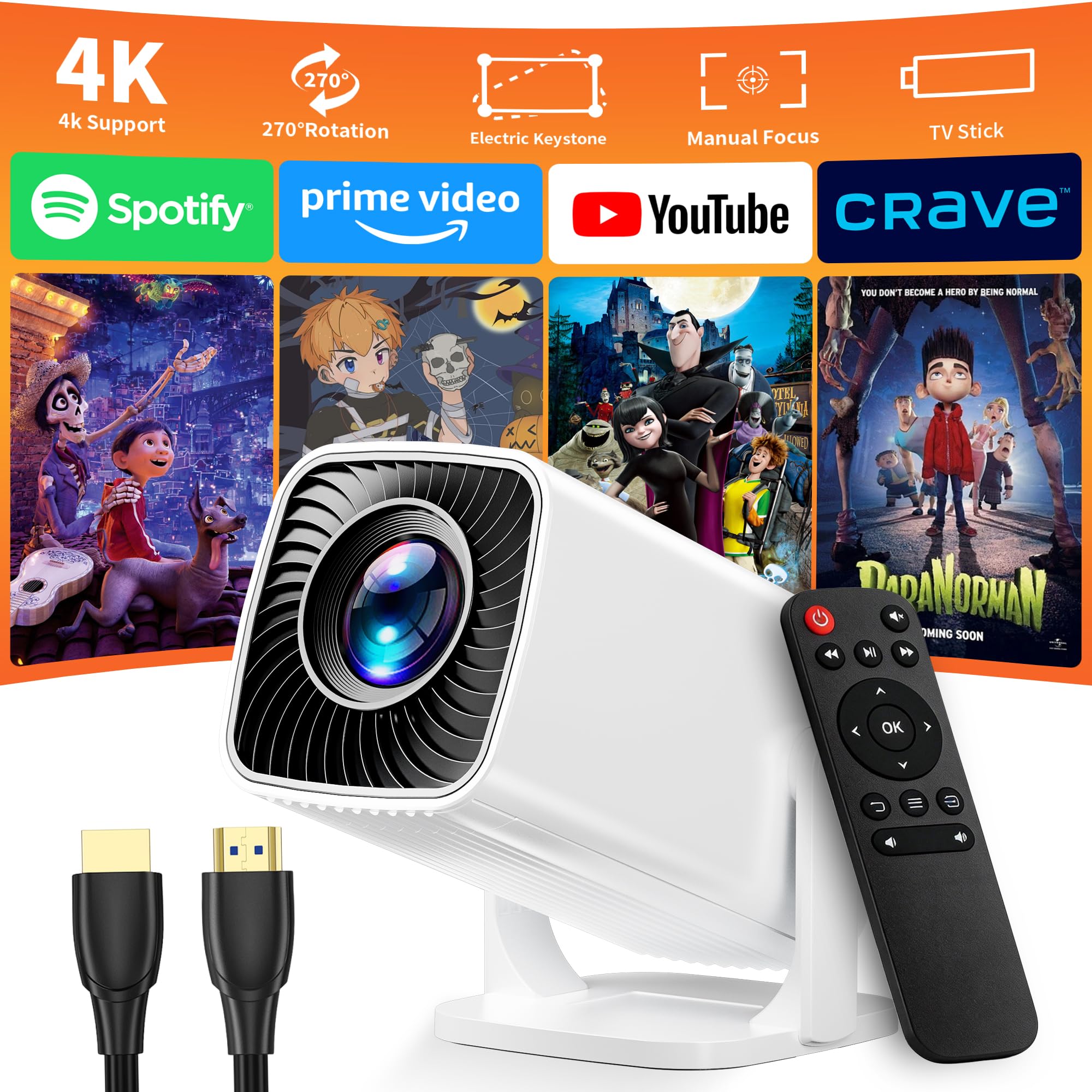 Mini Projector 4K Support, Portable Projector Full HD 1080P Support | Short Thro