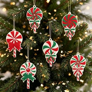 6 Pcs Christmas Lollipop Hanging Ornaments with Red and Green Swirl Patterns with Bow Detail, Perfect for Winter Home Decorations, Party Favors and Christmas Decorations