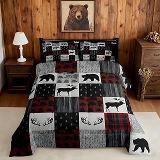 Elk Comforter Farmhouse Bear Deer Bedding Set for Boys Girls Women Men Buffalo Plaid Duvet Set Red Grey Bohemian Arrow Room Decoration Double Size Bedding Set 2 Pieces