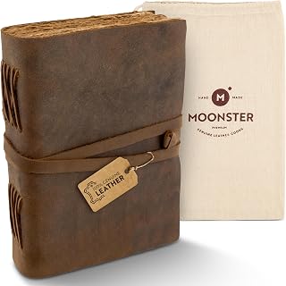 moonster Leather Notebook A5 [20 x 15 cm] Buffalo Leather - Vintage Diary Handmade with 240 Pages, Unlined 125 g/m² Cotton Paper, Ideal as a Sketchbook & Travel Diary