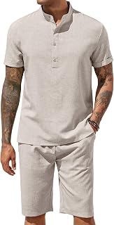 COOFANDY Men's 2 Pieces Set Short Sleeve Henley Shirts and Shorts Set Texture Summer Beach Vacation Outfits