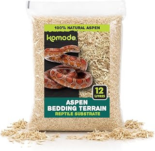 Komodo Aspen Bed Terrain for Snakes, Shape-Holding Reptile Substrate, 12L | 100% natural snake bedding, ultra-absorbent shredded aspen tree wood substrate for a variety of snakes and other burrowers