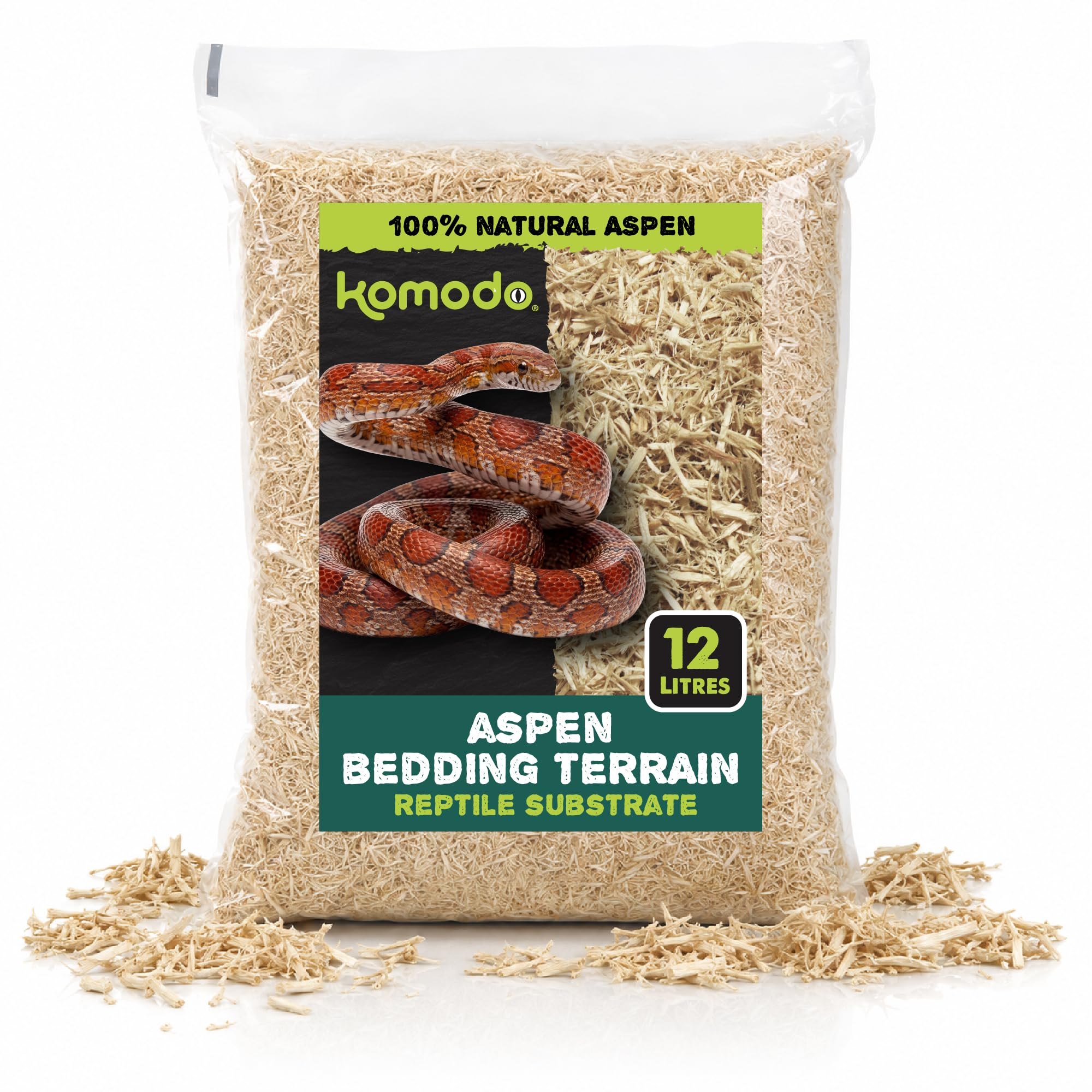 Komodo Aspen Bed Terrain for Snakes, Shape-Holding Reptile Substrate, 12L | 100%