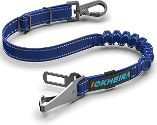 IOKHEIRA Dog Seat Belt 3-in-1 Car Harness for Dogs Adjustable Safety Seatbelt Nylon Reflective Bungee Fabric Pet Car Harness with Clip Hook Latch & Buckle, Swivel Zinc Alloy Carabiner (Bule)