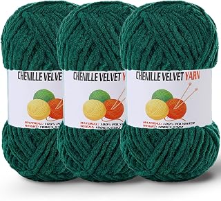 3 * 100g/3.5oz Fluffy Chenille Yarn for Crocheting, Chunky Velvet Yarn for Crochet Amigurumi, Used for Making Baby Yarns Blanket, Clothes, Pattern Knitting Creations (Dark Green)