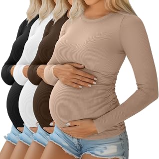 Ficerd Pack of 4 Women's Maternity Tops Long Sleeve Cotton Round Neck Ribbed Pregnancy Dresses