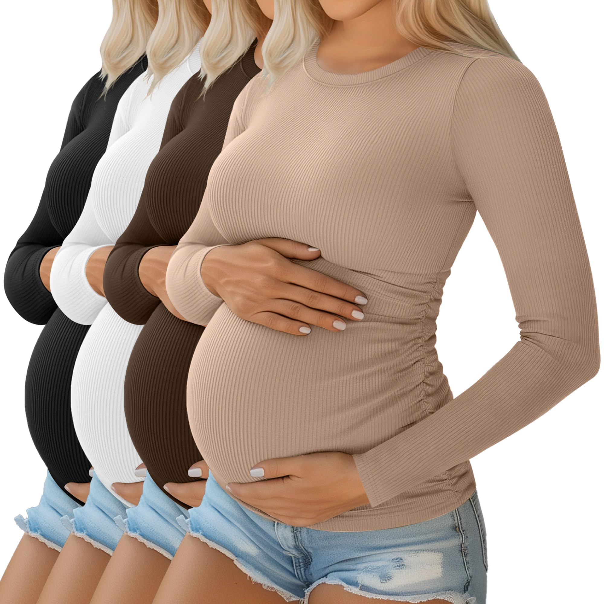 Ficerd Pack of 4 Women's Maternity Tops Long Sleeve Cotton Round Neck Ribbed Pre