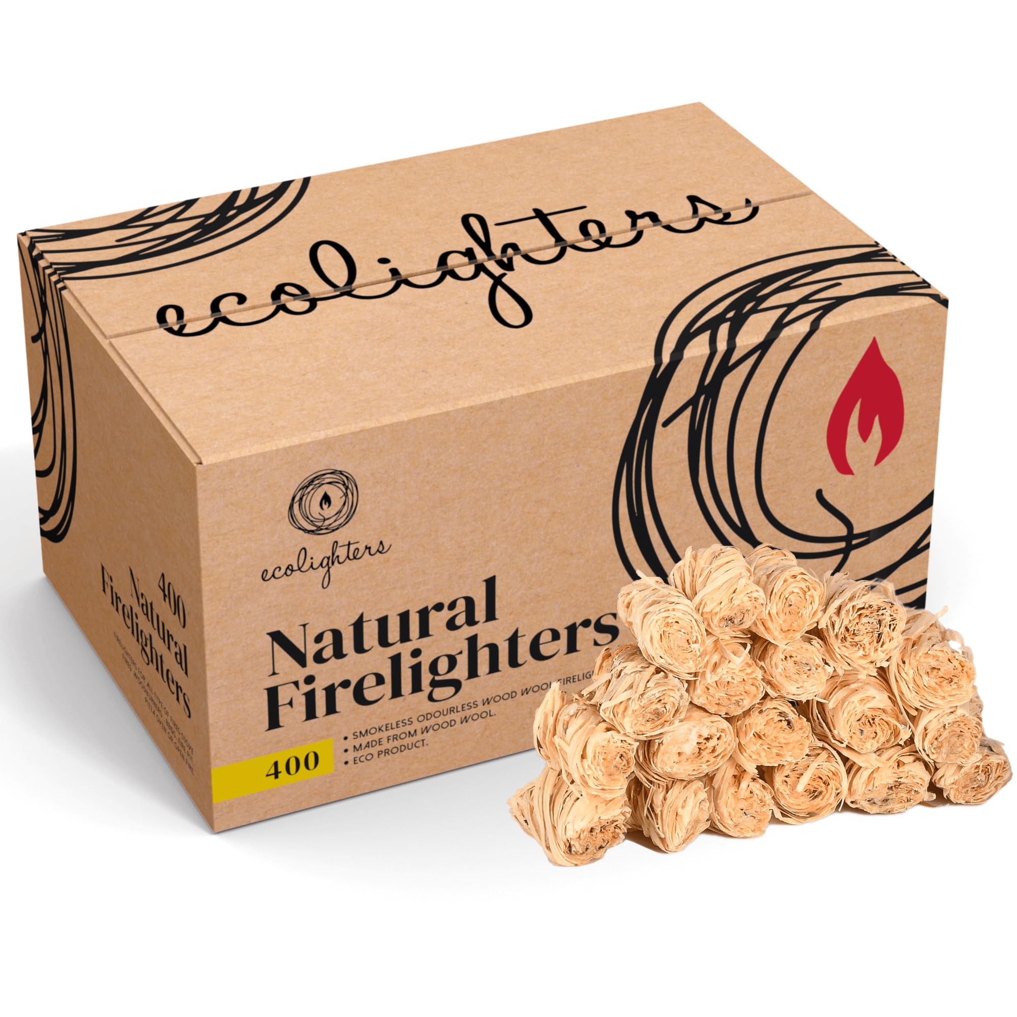Ecolighters 400 Natural Firelighters, Wood Wool Fire Lighters for Wood Burners, 