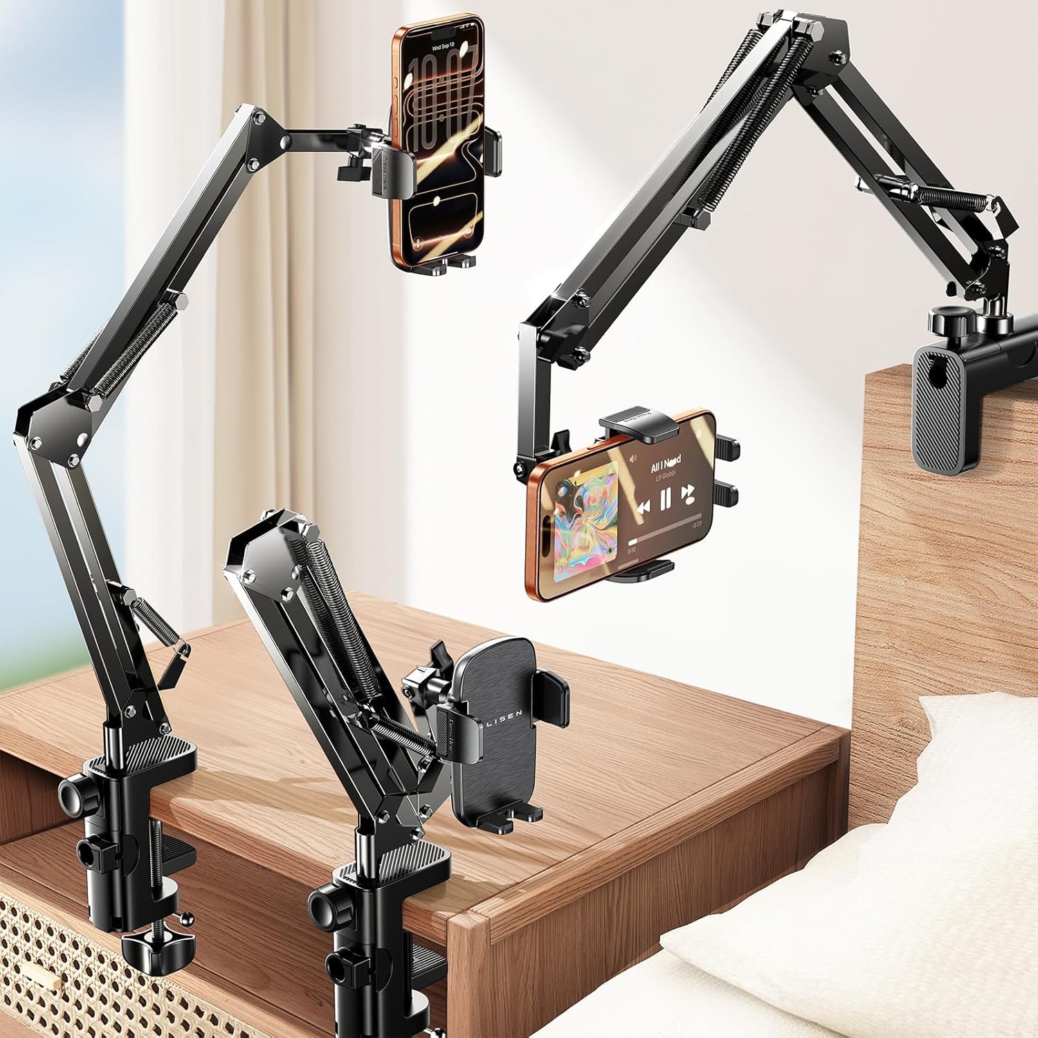 LISEN Cell Phone Holder for Bed Desk, Overhead Phone Mount iPhone Recording | Ma
