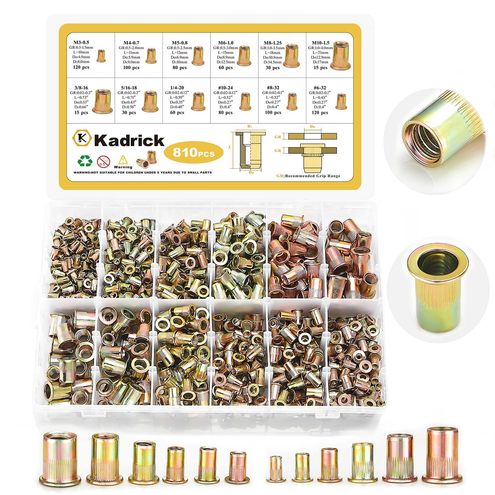 KADRICK 810PCS SAE & Metric Rivet Nut Kit, 6-32 to 3/8-16, M3-M10 | Flat Head Ri