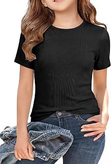Camisas de manga corta para niñas, ajustadas, acanaladas, cuello redondo, ropa básica de moda para niños