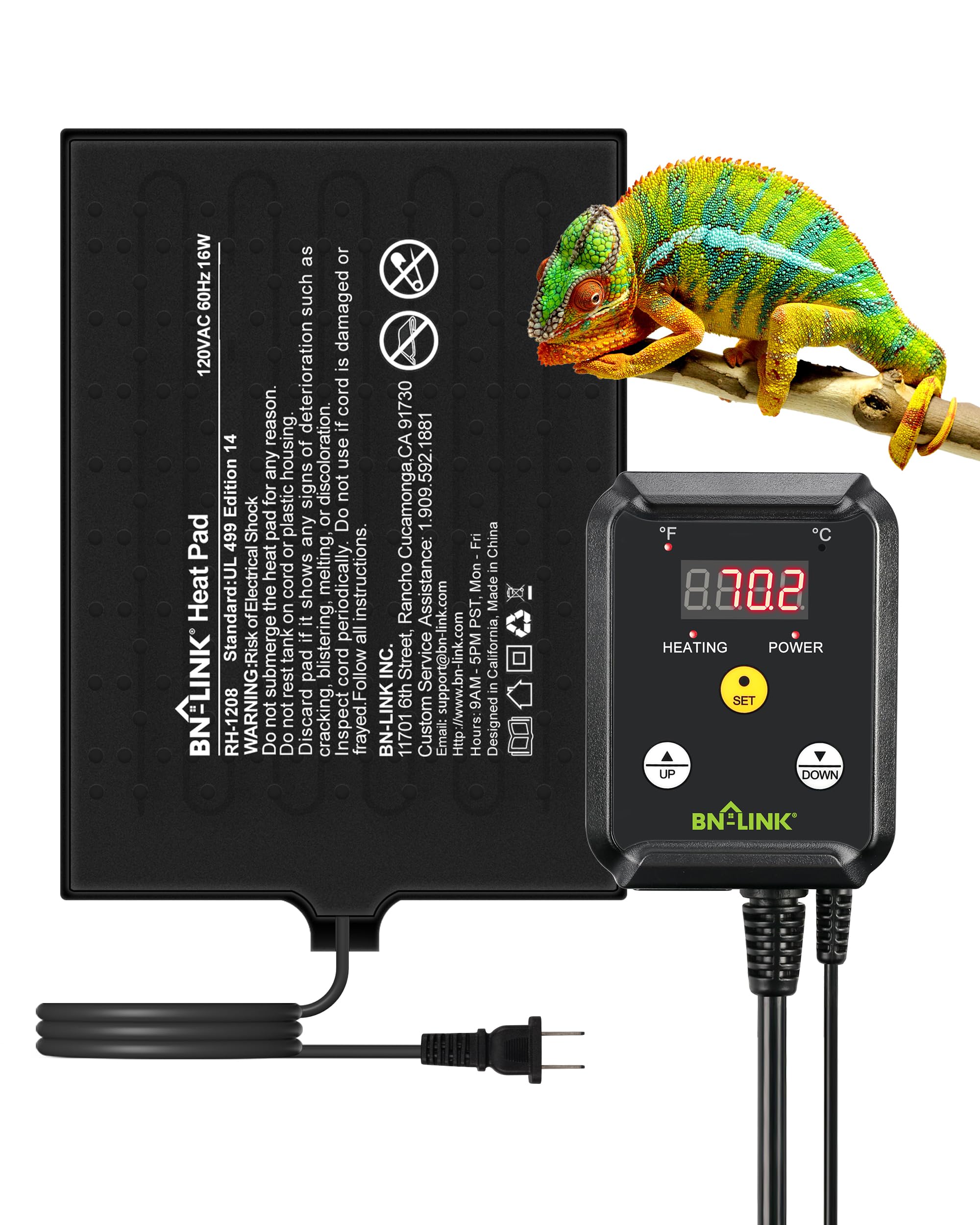 BN-LINK Durable Reptile Heating Pad 8" X 12" with Digital Thermostat Under Tank 
