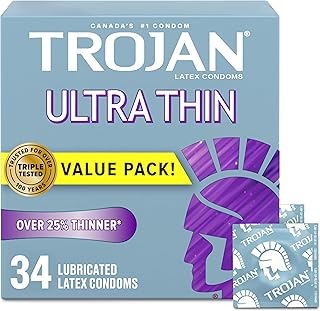 TROJAN Ultra Thin Lubricated Latex Condoms, 34 Count | 25% thinner, natural skin-to-skin feel, enhanced sensitivity, trusted protection