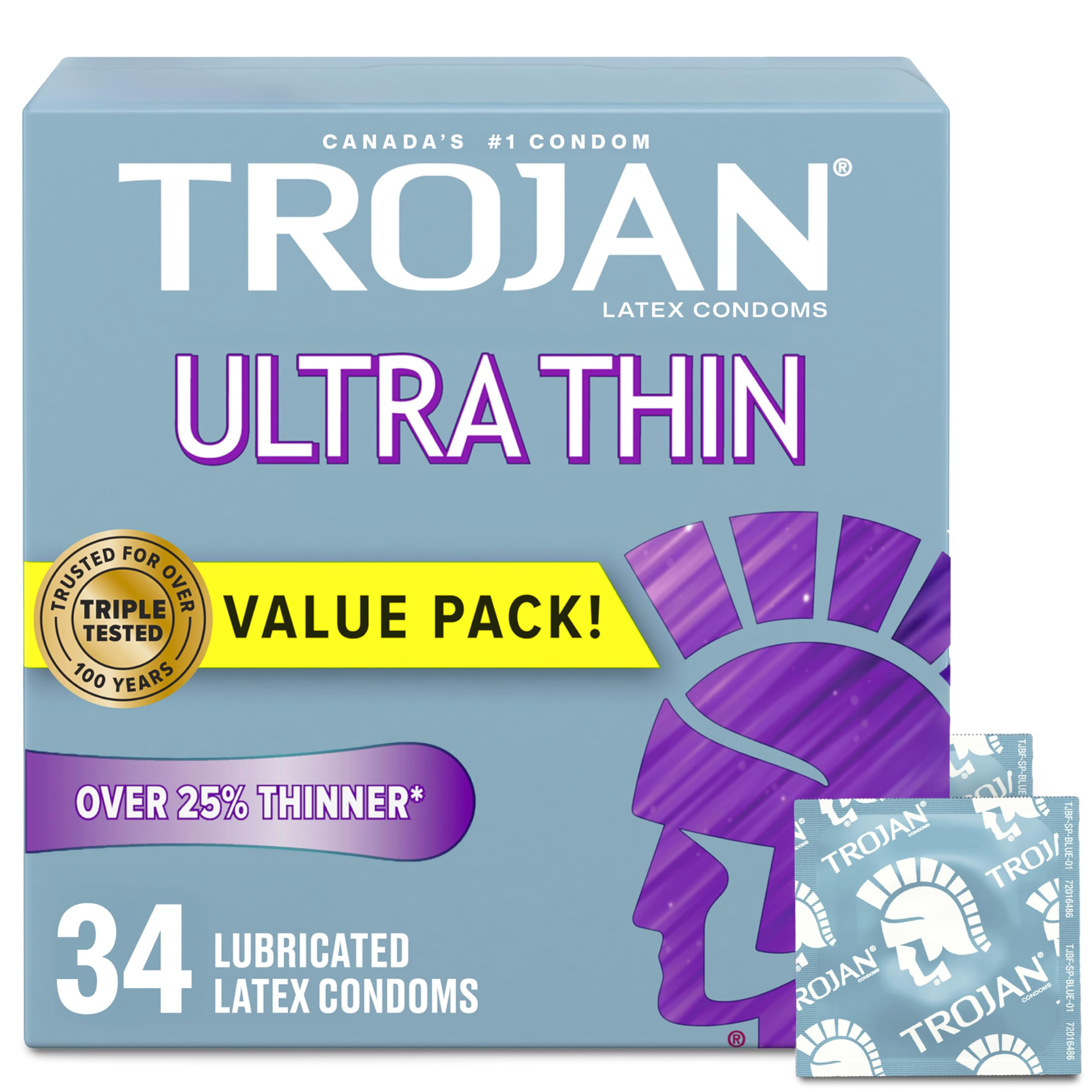 TROJAN Ultra Thin Lubricated Latex Condoms, 34 Count | 25% thinner, natural skin