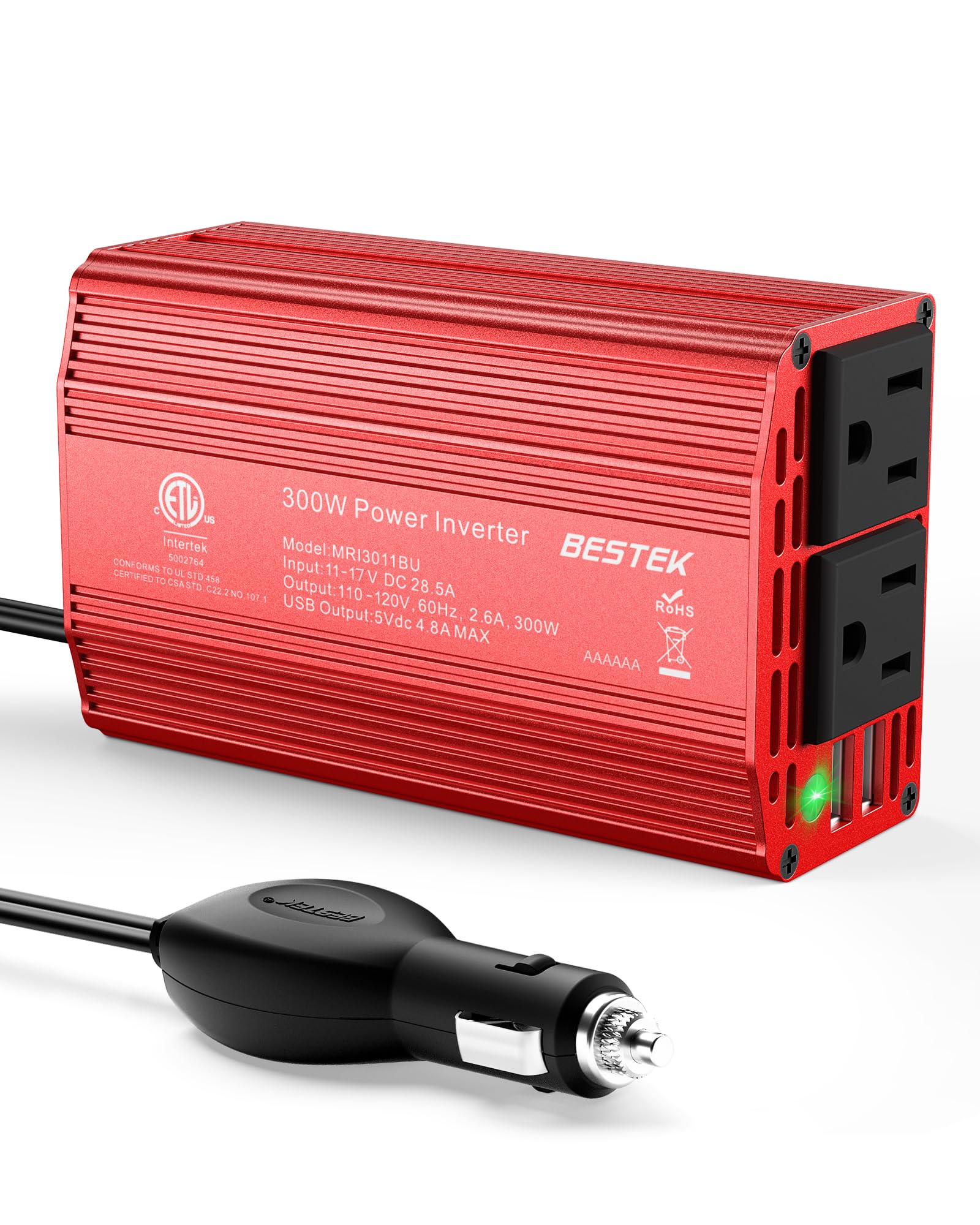 BESTEK Power Inverter DC 12-17V to AC 110V - 300W Car Plug Adapter Outlet | 4.8A