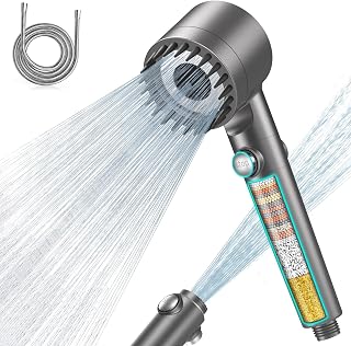 MEKO Shower Head with 15 Step Filter, Hose, High Pressure | Anti-Limescale Shower Head with 1.5 M Hose, Shower Filter 3 + 1 Spray Modes High Pressure Shower Head, Grey