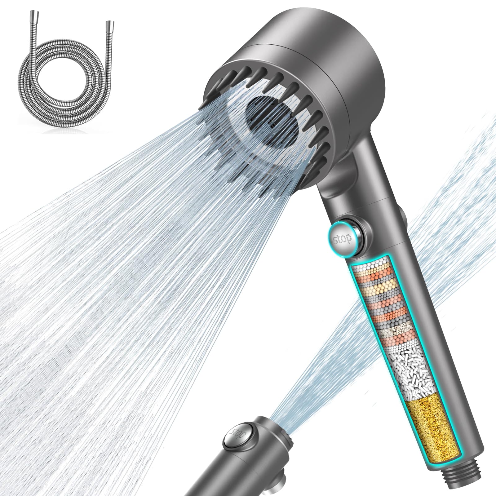 MEKO Shower Head with 15 Step Filter, Hose, High Pressure | Anti-Limescale Showe