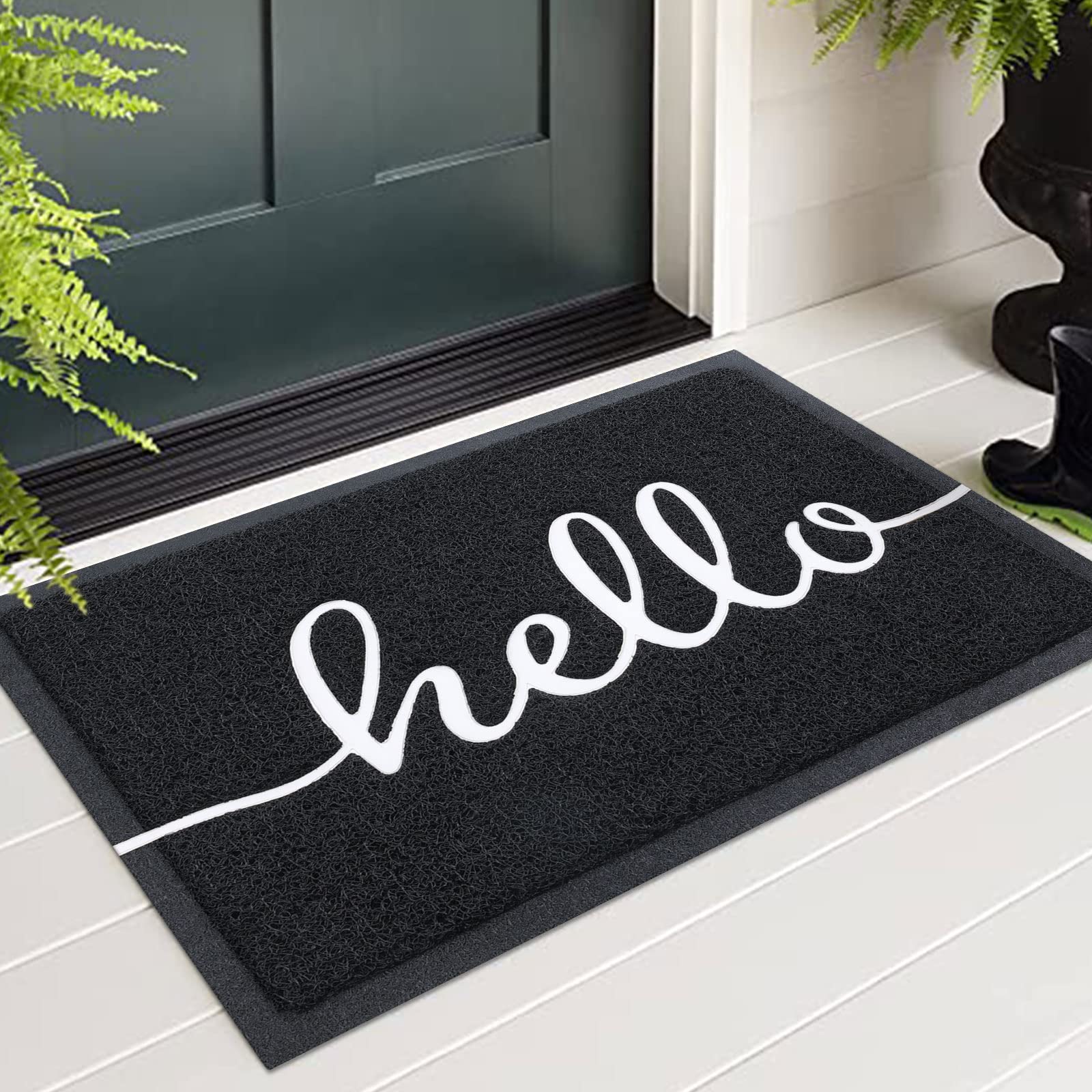 Colorxy “Hello” Door Mat Dirt Trapper Doormats, 30" x 17.5", Black | Non-Slip Lo