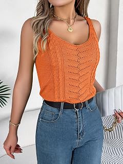 Women's Cute V Neck Hollow Out Knit Tank Tops Casual Sleeveless Regular Tunic Holiday Beach Pool Blouse
