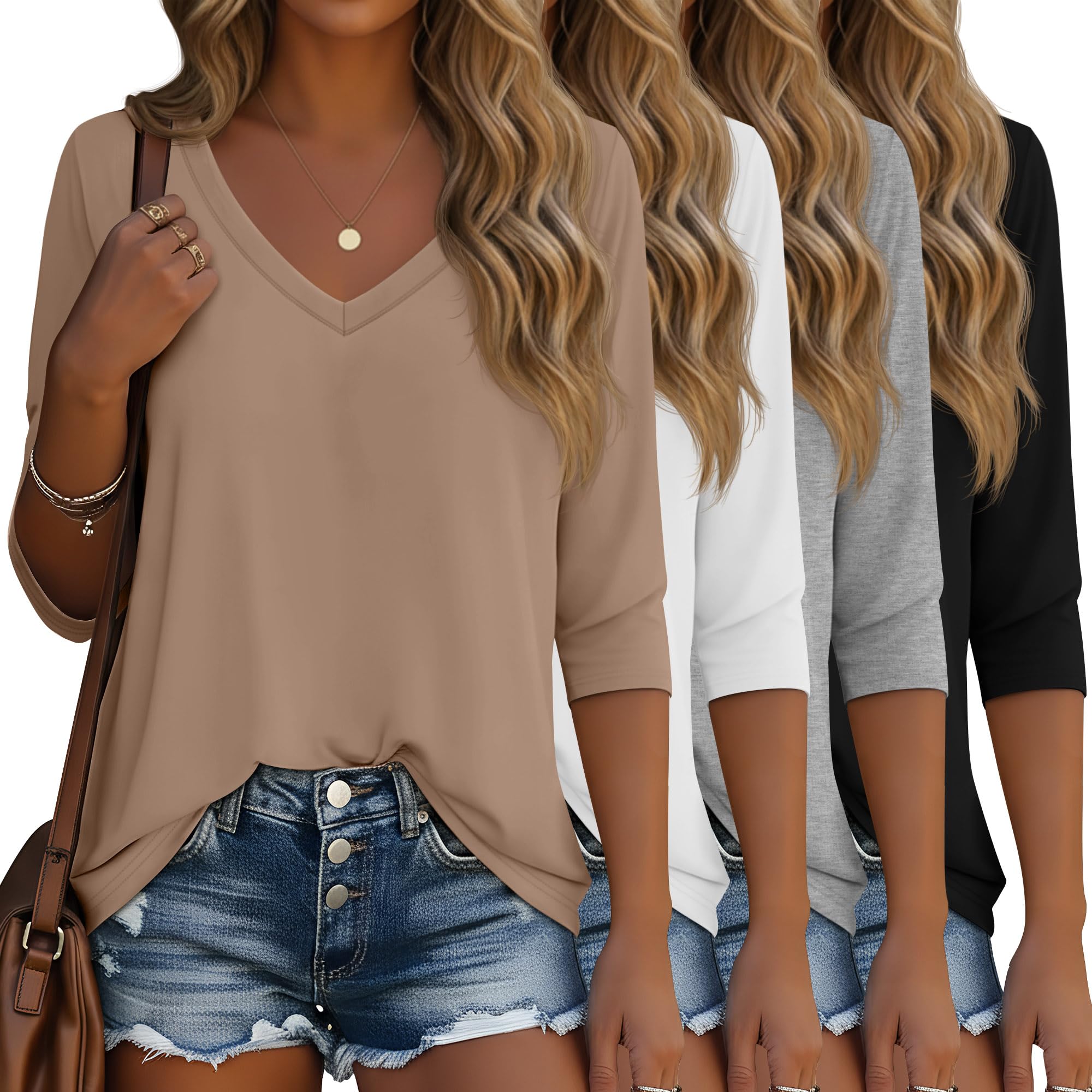 Ficerd 4 Pack Women's 3/4 Sleeve V Neck T Shirts Casual Cotton Basic Fashion Tun