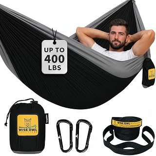 Wise Owl Outfitters Hammock for Camping Single Hammocks Gear for The Outdoors Backpacking Survival or Travel - Portable Lightweight Parachute Nylon SO Black & Grey