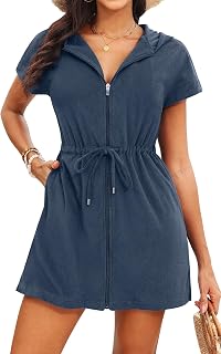Terry Cloth Cover Ups - Hooded Cotton Swim Sun Cover-up with Zipper Pockets Beach Swimsuits